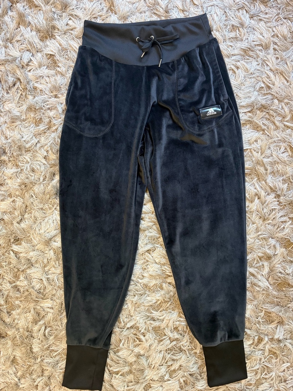 adidas Black Velvet Track Joggers with Ribbed Waist